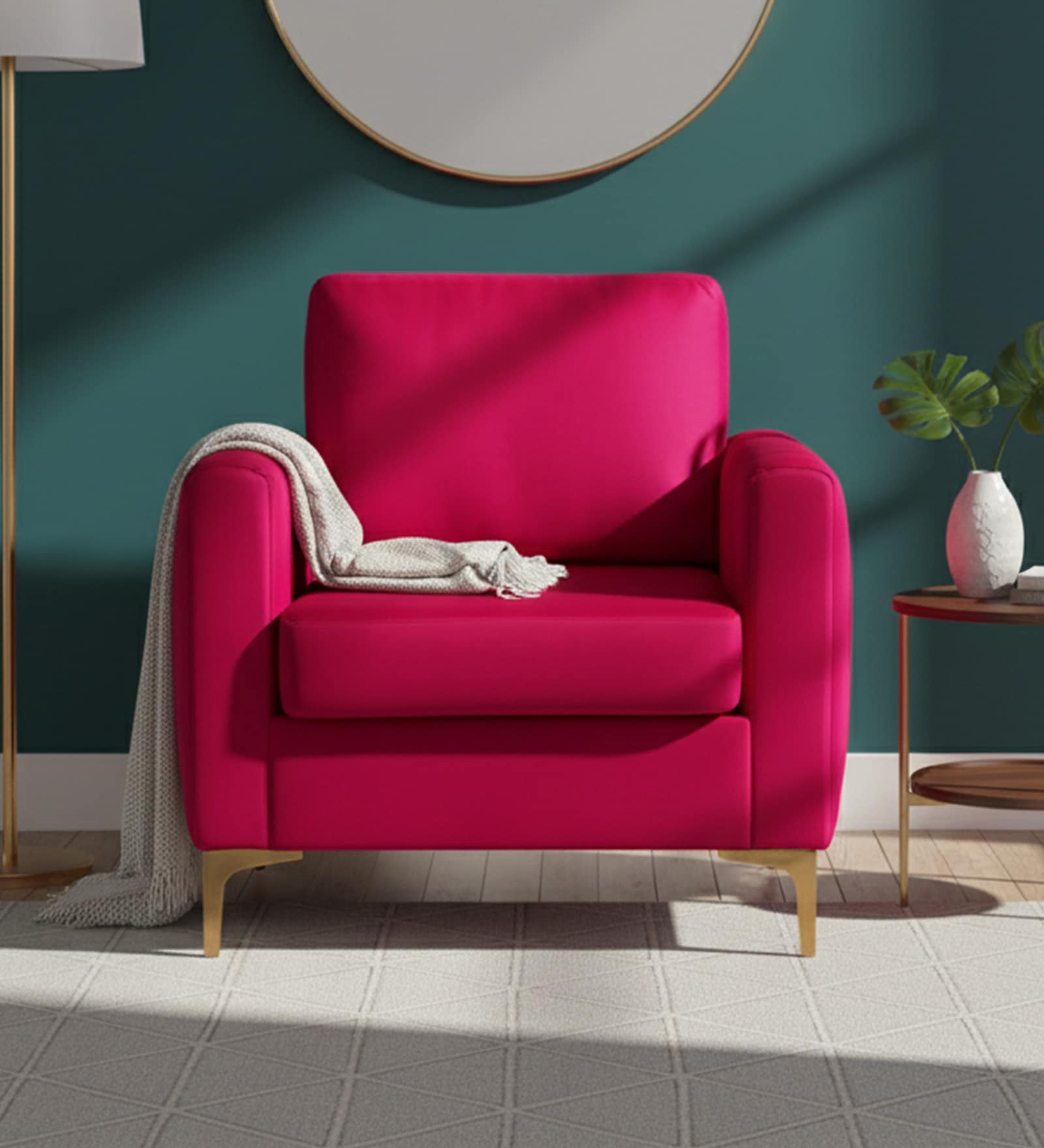 Luxurious Velvet Fabric Lounge Chair In Hot Pink Colour