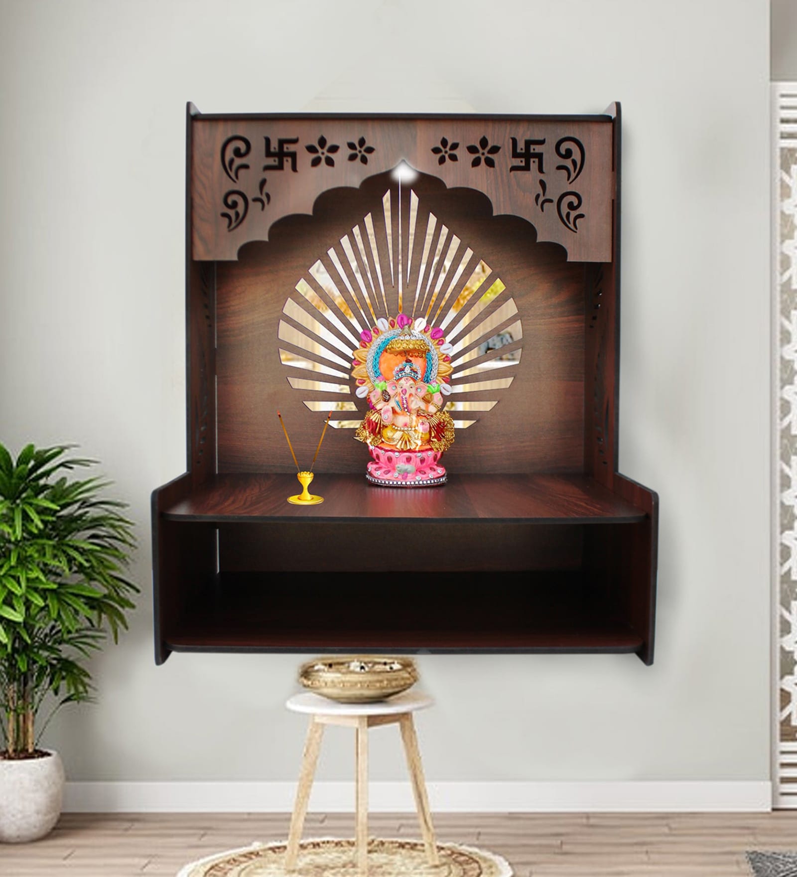 Luxurious Wooden Temple for Home with Spacious Shelf & Inbuilt Focus Lights