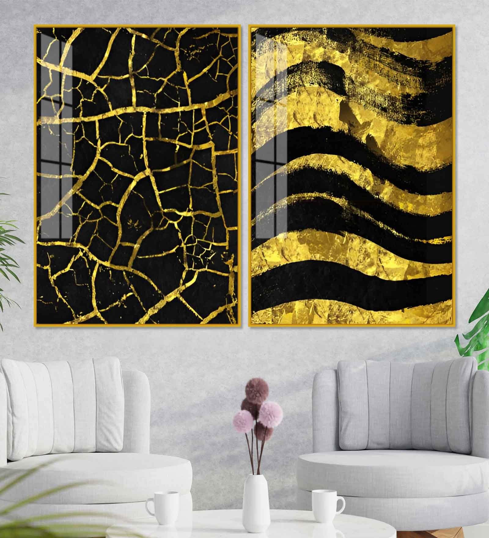 Luxury Black And Gold Marble Texture Acrylic Framed Art Panel (Set Of 2)