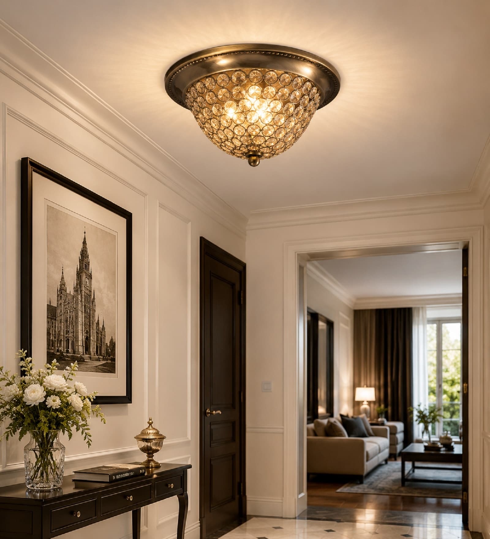 Luxury Crystal Flush Mount Ceiling Light   Satin Antique Brass Finish
