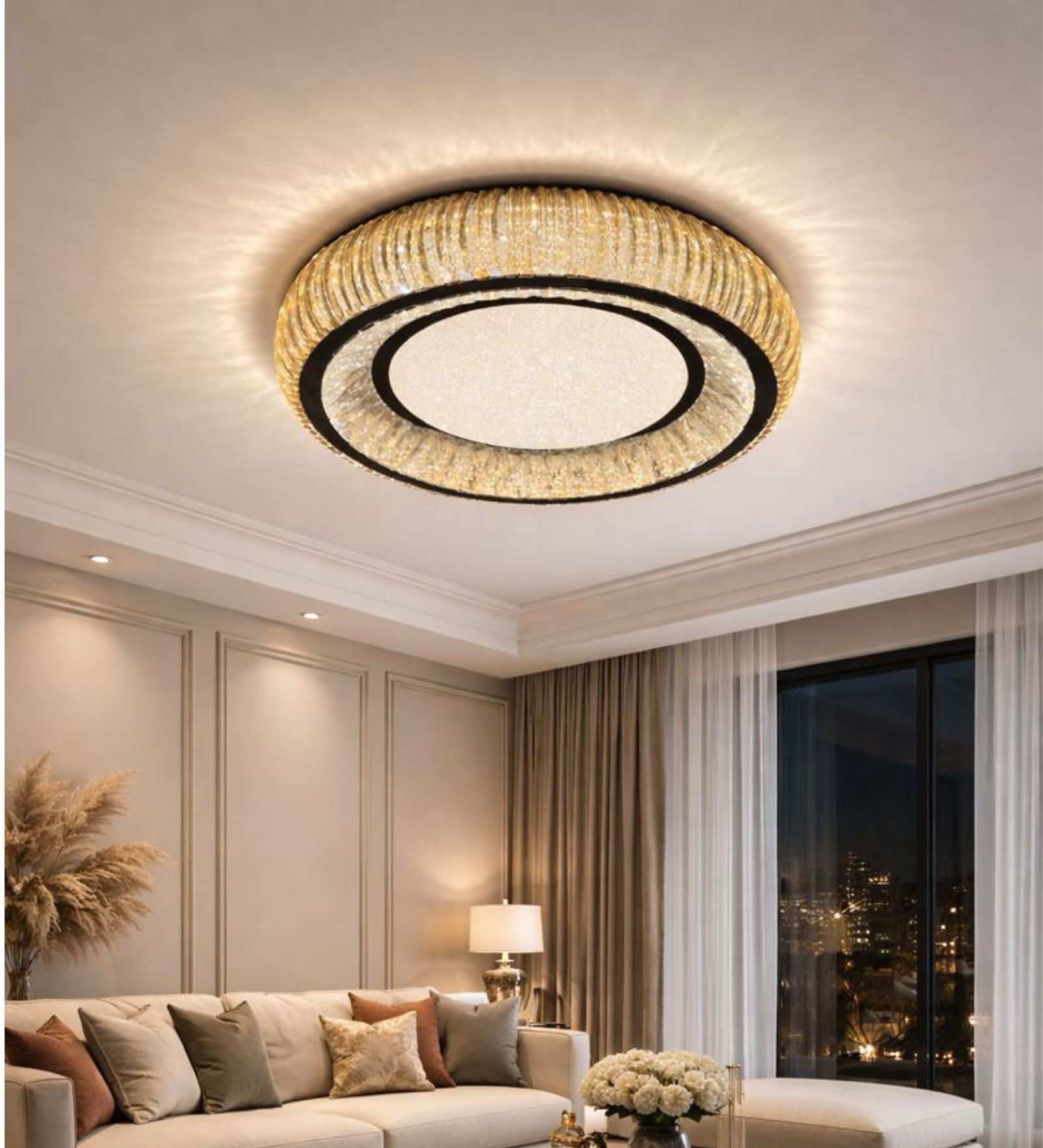 Luxury Crystal LED Flush Mount Ceiling Light 600 MM with Warm Glow   Gold Finish