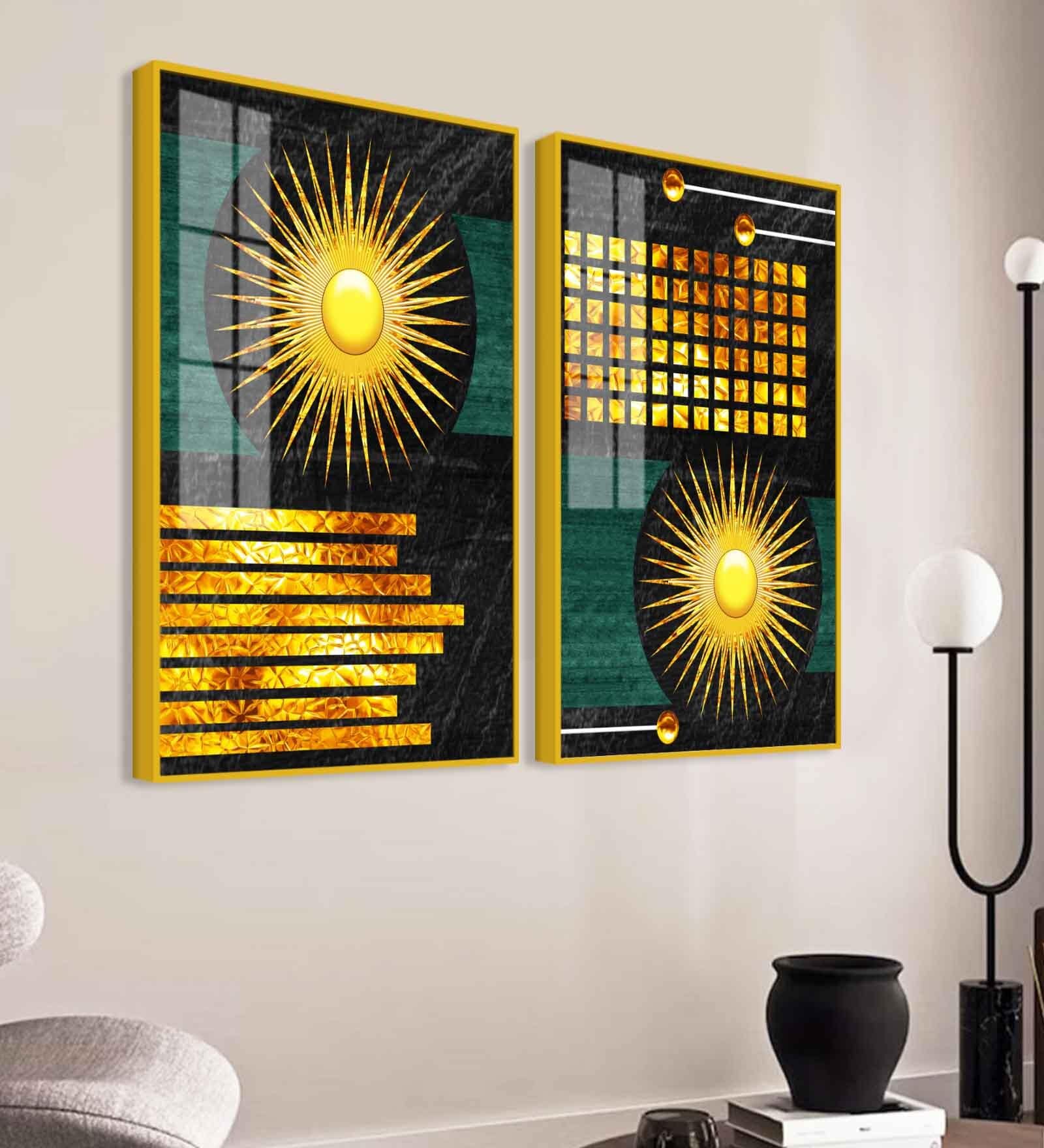 Luxury Decorative Golden Circles And Lines Dark Shape Acrylic Framed Art Panel (Set Of 2)