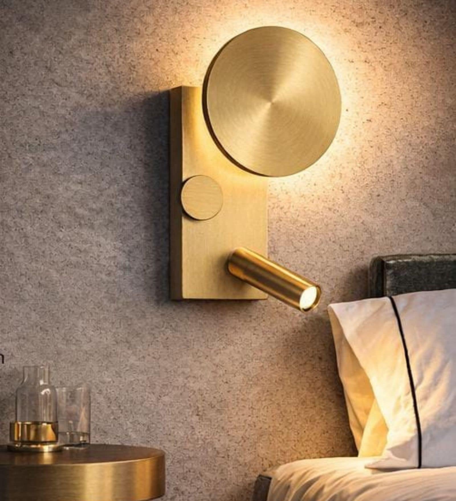 Luxury Gold Bedside Wall Light with Reading Spotlight & Ambient Back Glow