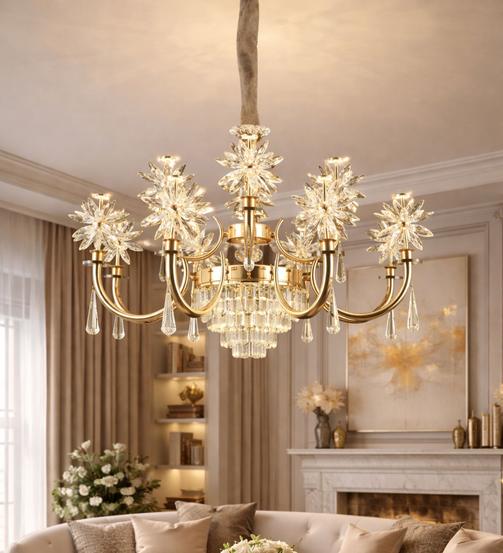 Luxury Gold Crystal Floral Chandelier with Teardrop Accents