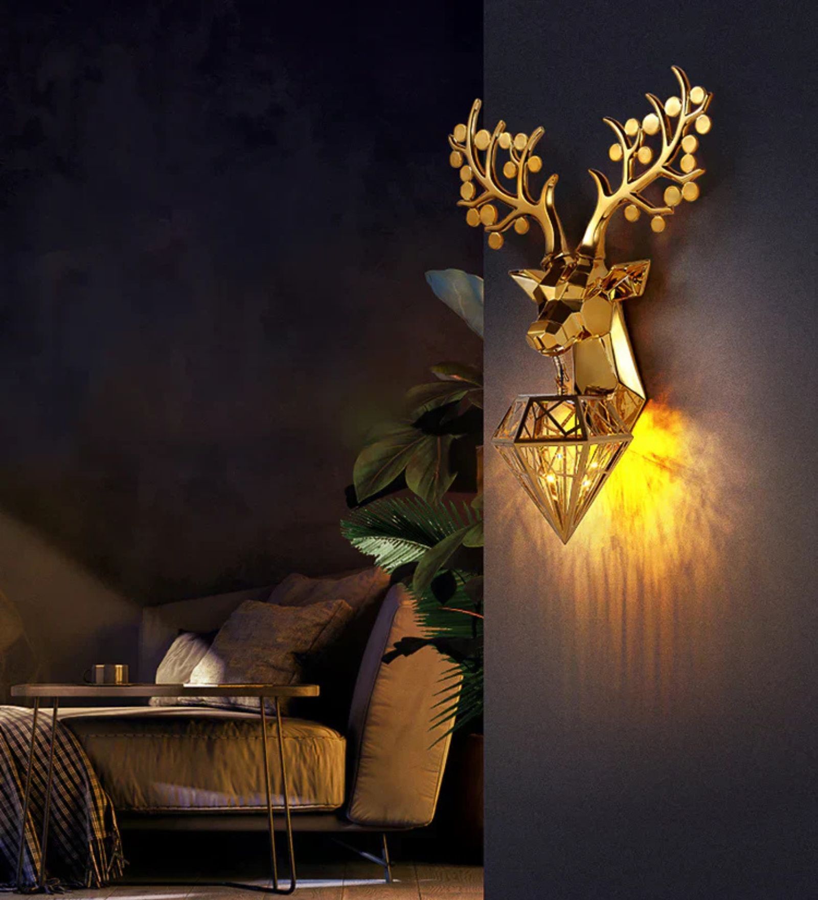 Luxury Golden Deer Wall Light with Geometric Hanging Lantern