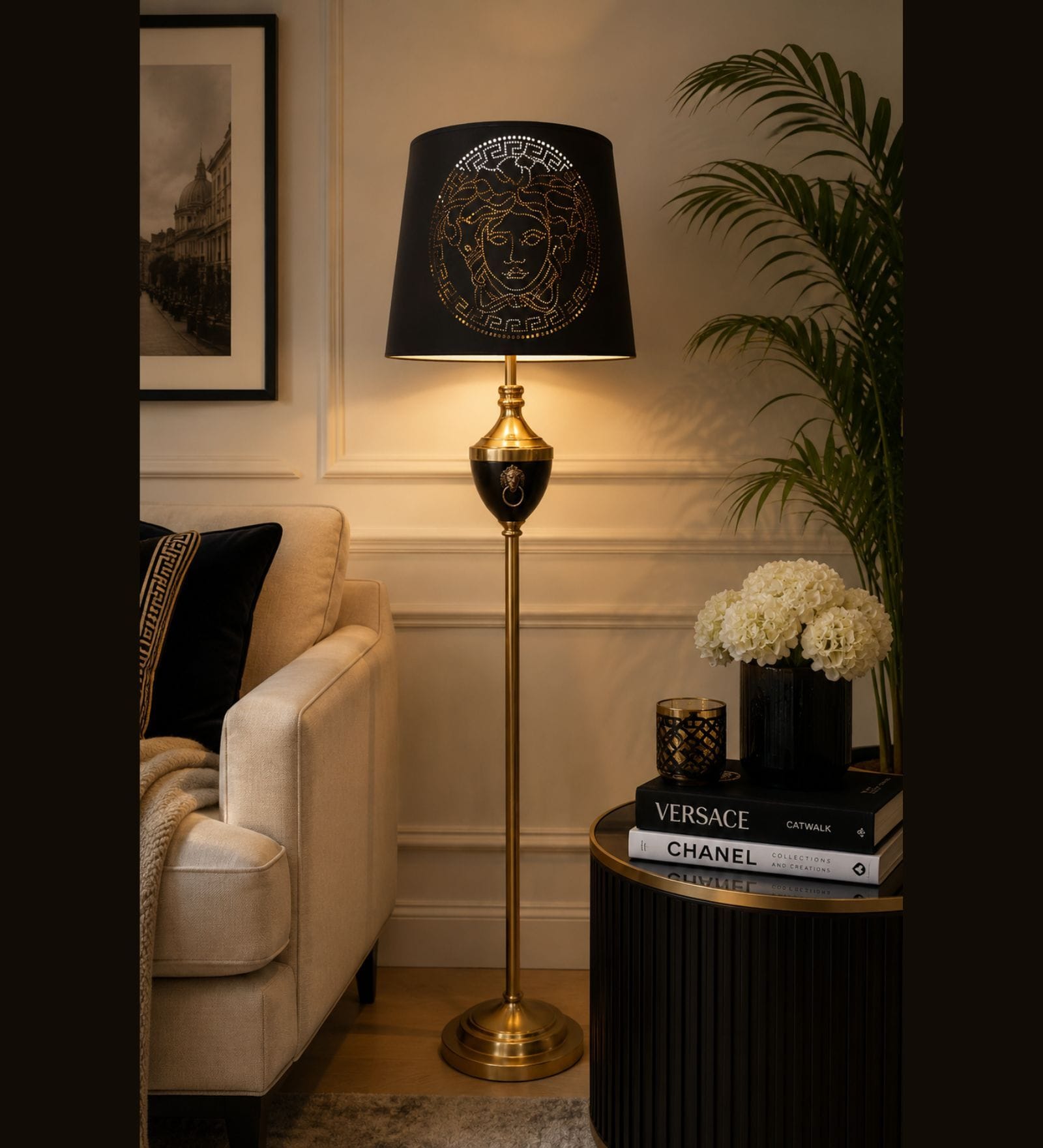 Luxury Medusa Inspired Floor Lamp   Black & Gold Finish