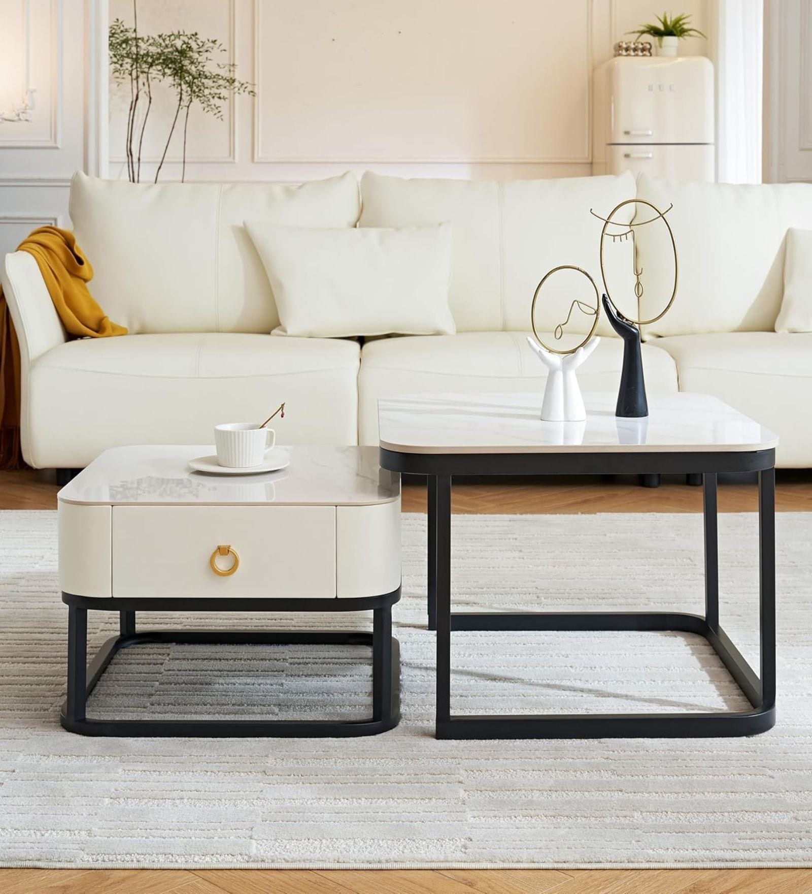 Luxury Square Nesting Coffee Table In White Finish (Set of 2)