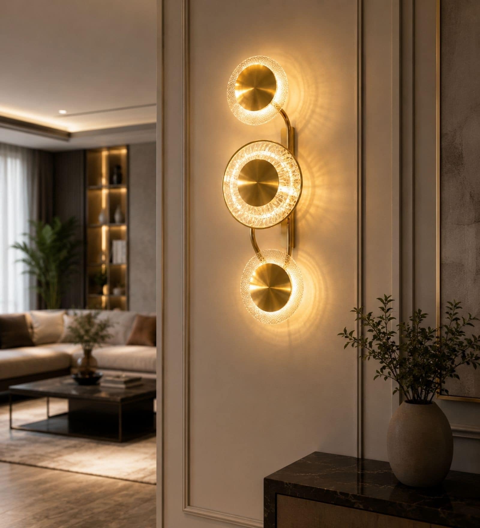 Luxury Triple-Ring Golden LED Wall Light