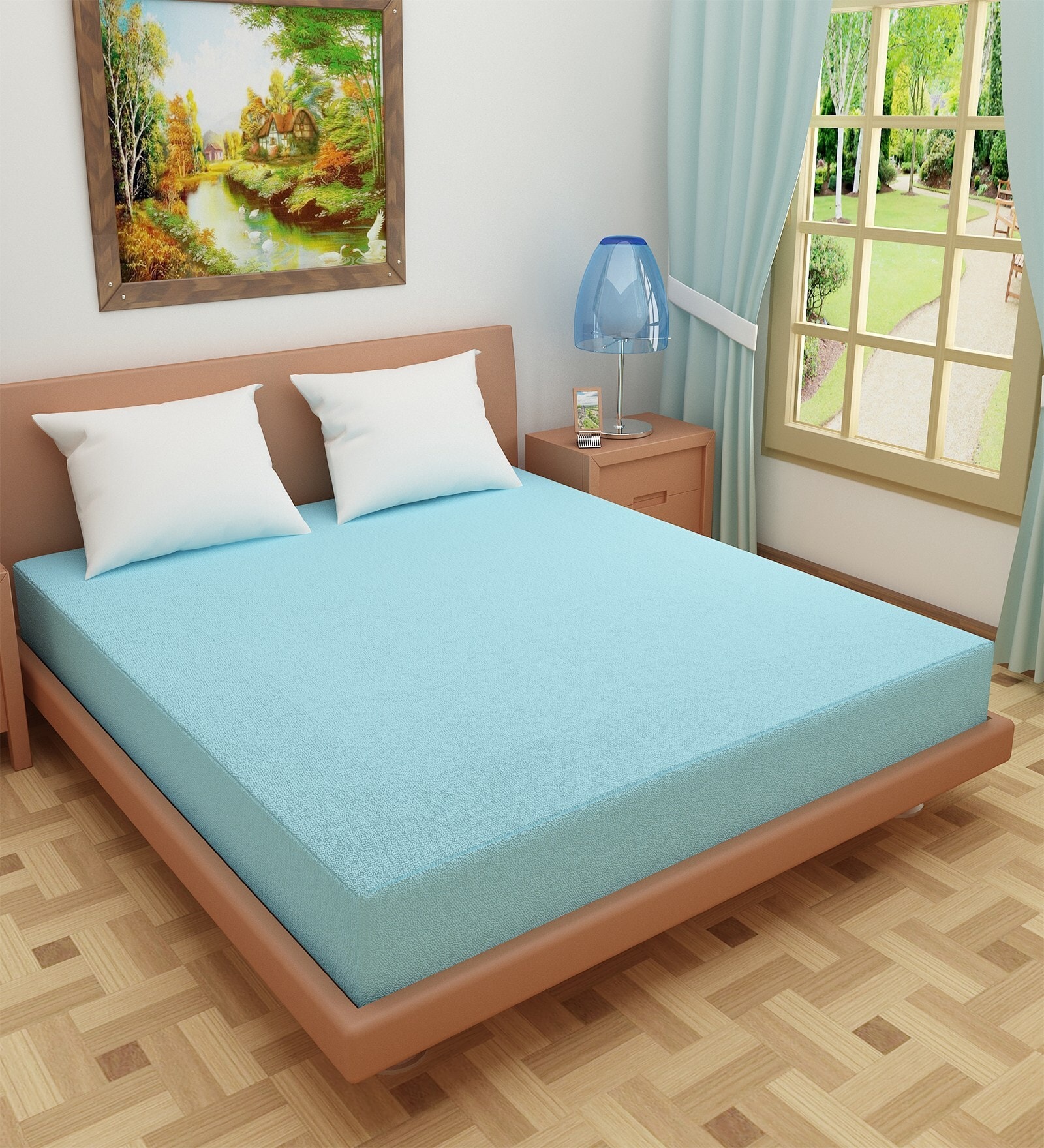 Luxury Waterproof Fitted Terry Cotton King Size (75x72) Mattress Protector in Sky Blue Colour