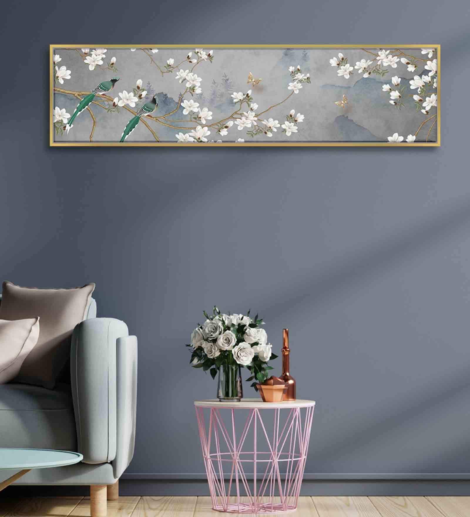 Luxury White Floral Love Bird Nature Canvas Art Print