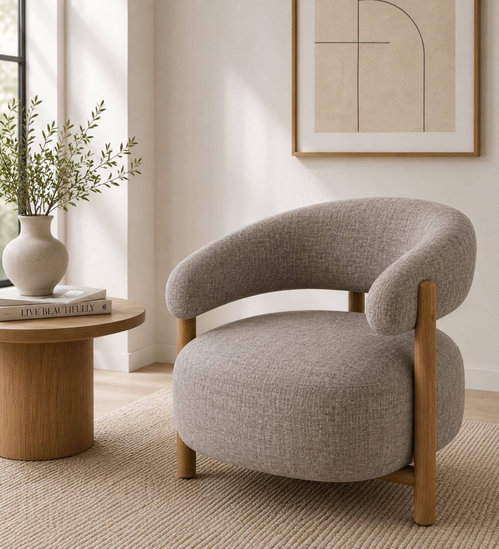Luzia Curved White Ash Wood Barrel Chair With Suede Fabric In Ash Grey Colour Luzia Curved White Ash Wood Barrel Chair With Suede Fabric In Ash Grey Colour