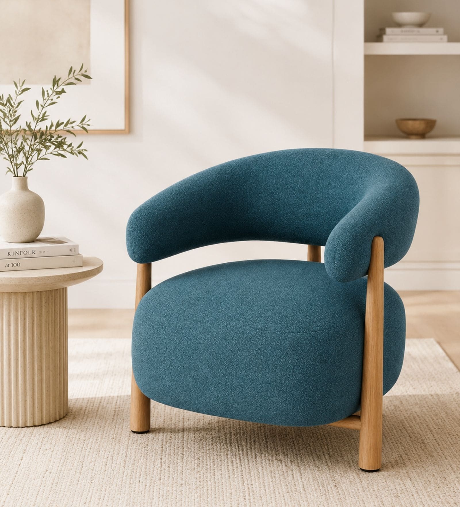 Luzia Curved White Ash Wood Barrel Chair With Suede Fabric In Teal Blue Colour Luzia Curved White Ash Wood Barrel Chair With Suede Fabric In Teal Blue Colour