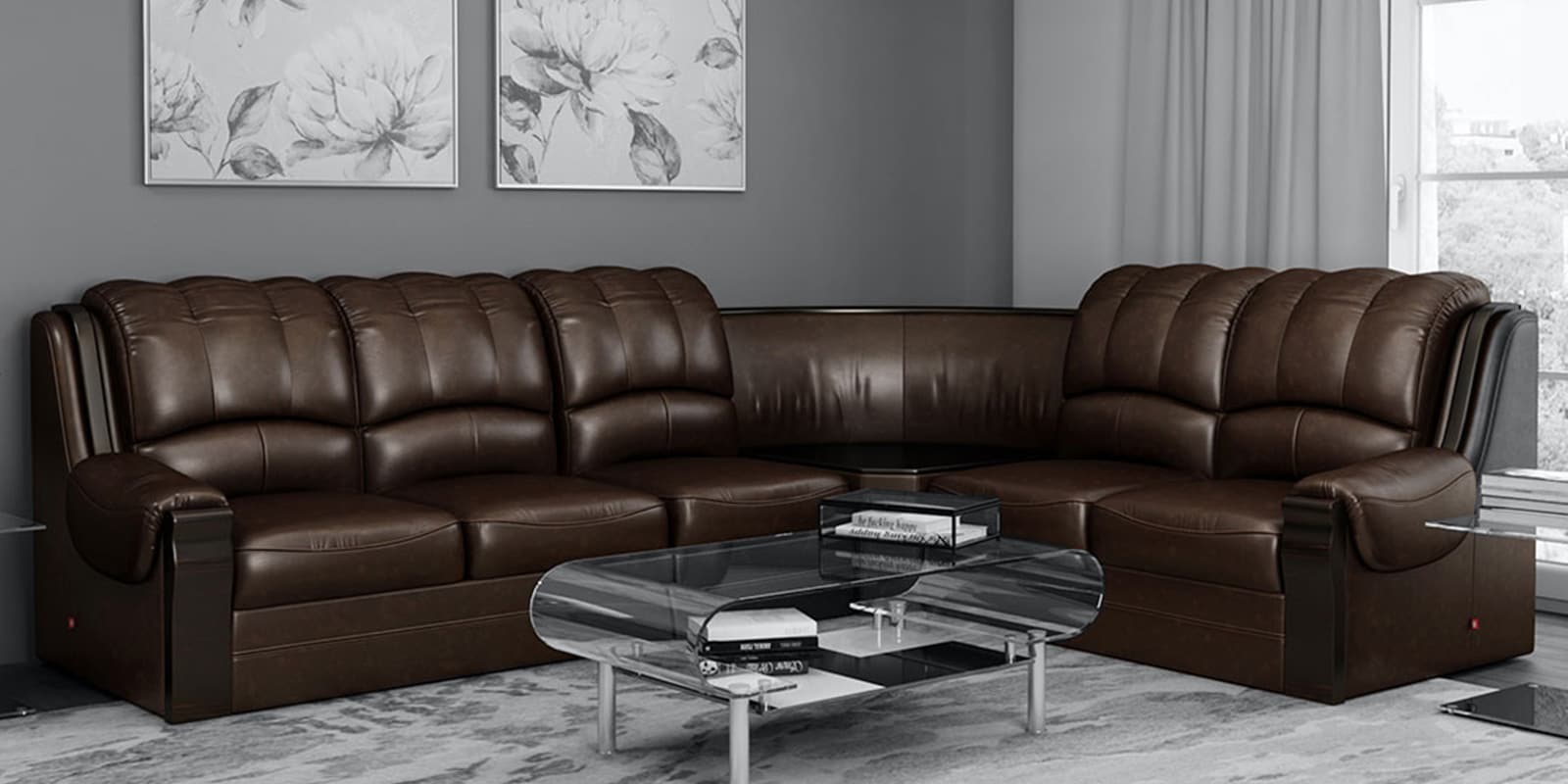 Buy Lucas Corner Shaped Sofa in Brown Colour by Durian Online