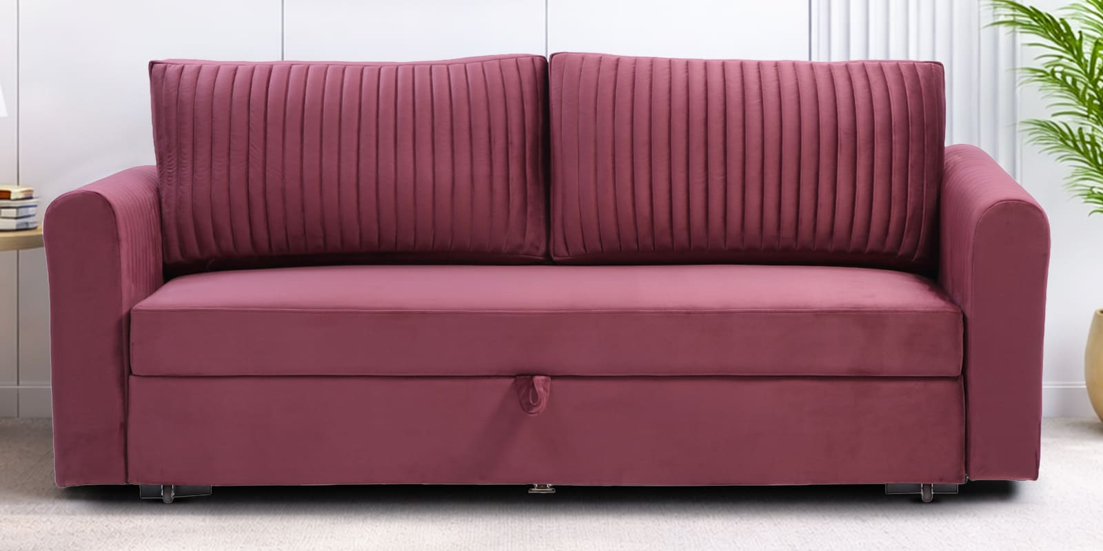 Luna Velvet Fabric Sofa Cum Bed in Wine Red Colour With Storage