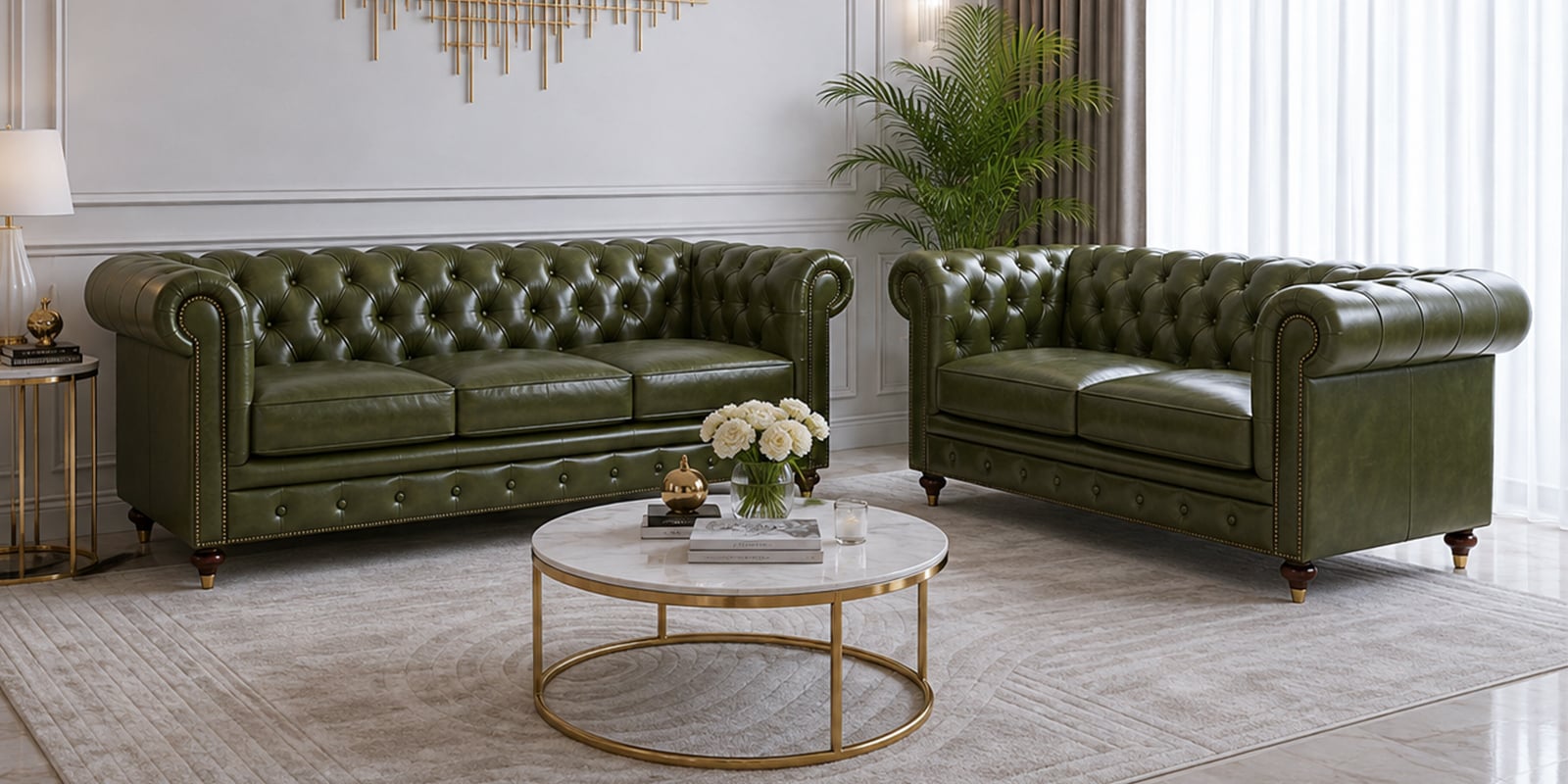 Luxe Chesterfield Leatherate 3+2 Seater Sofa In Green Colour Luxe Chesterfield Leatherate 3+2 Seater Sofa In Green Colour