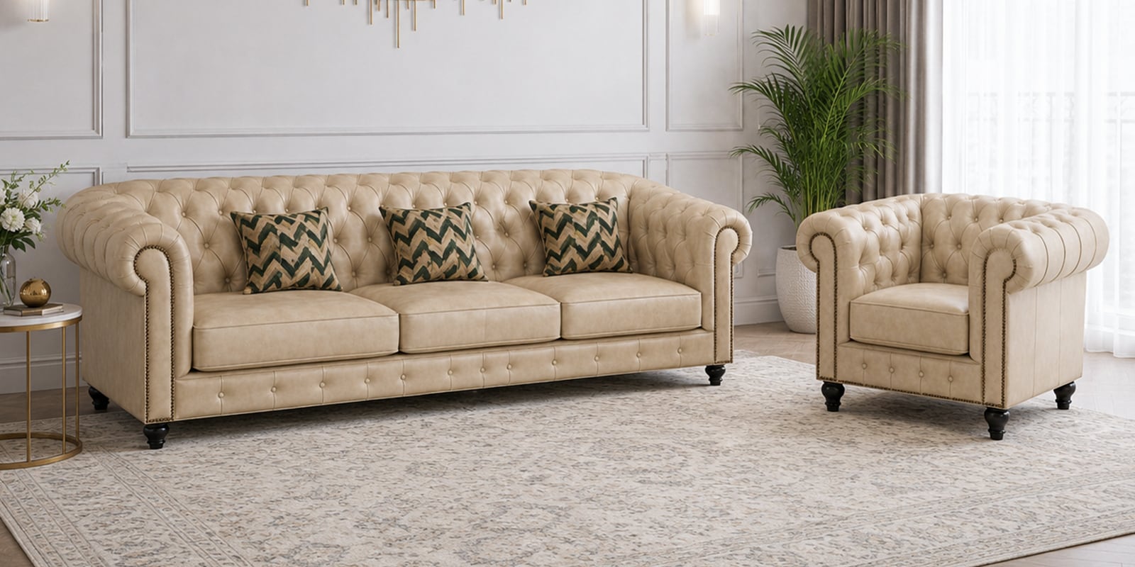 Heritage Leather Tufted Chesterfield 3+1 Seater Sofa Set In Leatherette With Golden Legs In Off-White Colour