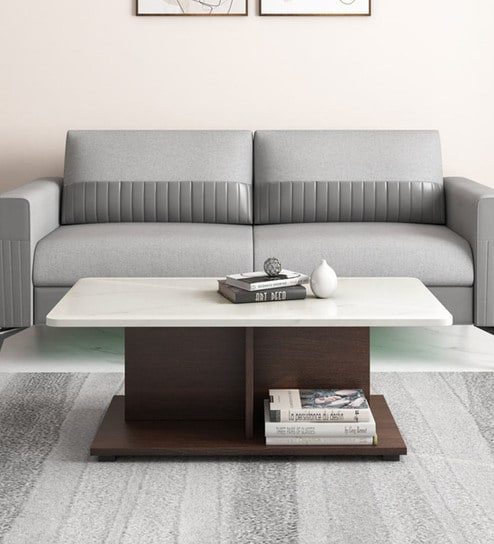 Luca Marble Top Coffee Table In Legno Oak & Frosty White Finish