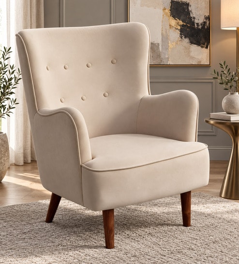 Flora Velvet Wing Chair In Beige  Colour
