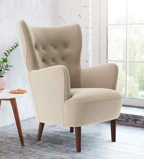 Ludwi Velvet Wing Chair In Beige  Colour