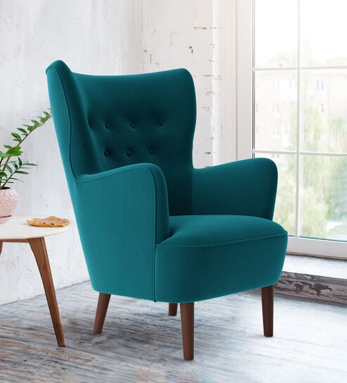Ludwi Velvet Wing Chair In Teal Blue Colour
