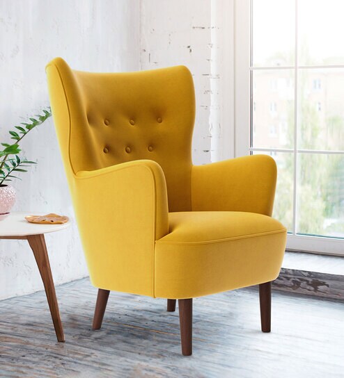 Ludwi Velvet Wing Chair In Yellow Colour