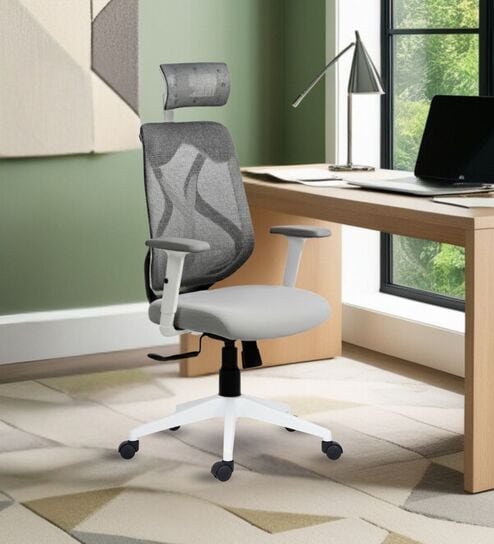 Lukano Breathable Mesh Ergonomic Chair In White And Grey Colour