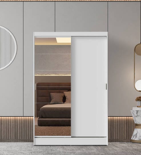 Luke 2 Door Sliding Wardrobe in White Colour With 1 Side Mirror