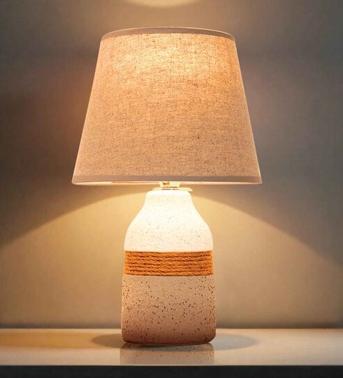 Lumia Cermaic Bedside Table Lamp for Bedroom & Living Room | White | Lamp Woven Rope Detailing with Warm Light|Convenient On/Off Switch and 2 Pin Plug | Home D cor Item