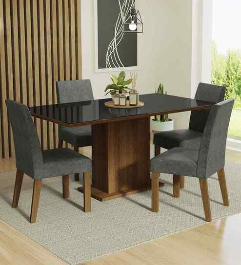 Lumine Glass Table Top 4 Seater Dining Set In Brown & Black Finish