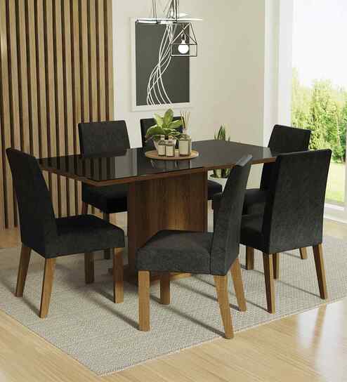 Lumine 6 Seater Dining Set With Glass Table In Brown & Black Finish