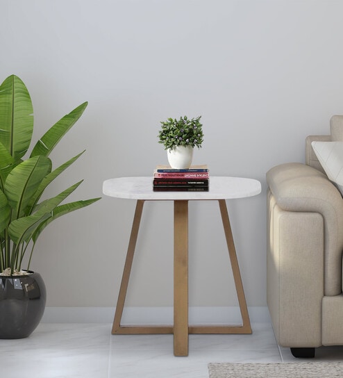 Luna Metal End Table In Brass Finish With Marble Top