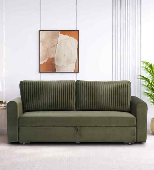 Luna Velvet Fabric Sofa Cum Bed in Olive Green Colour With Storage