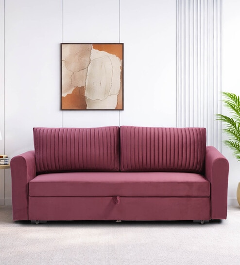Luna Velvet Fabric Sofa Cum Bed in Wine Red Colour With Storage