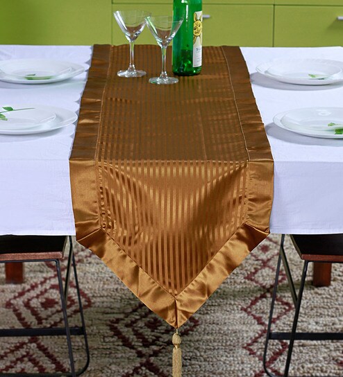 Lushomes Contemporary Dark Gold Stripped Runner With A Hanging Tussel