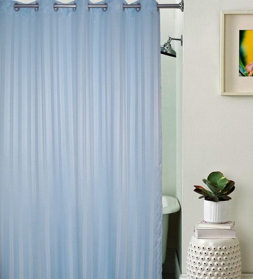 Buy Sky Blue Striped Pattern Polyester Shower Curtain Length 82
