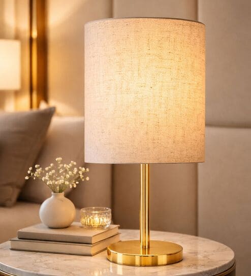 Luxe Flat Gold Table Lamp with Fabric Drum Shade