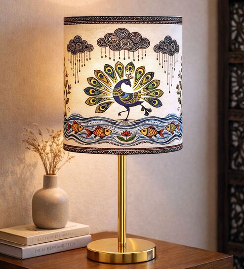 Luxe Flat Gold Table Lamp with Indian Art Shade