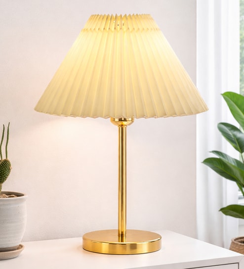 Luxe Flat Gold Table Lamp with Pleated Shade
