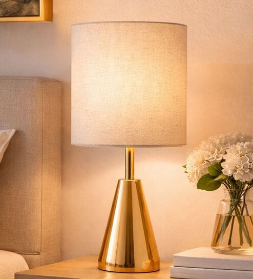 Luxe Round Gold Table Lamp with Fabric Drum Shade