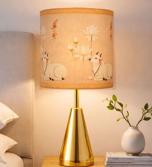 Luxe Round Gold Table Lamp with Indian Art Shade