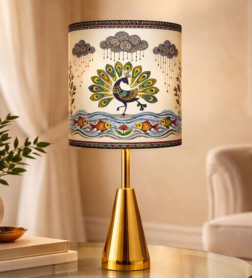 Luxe Round Gold Table Lamp with Indian Art Shade