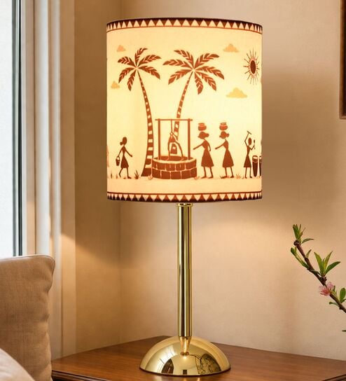 Luxe Round Gold Table Lamp with Indian Art Shade
