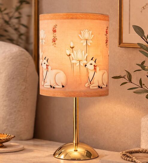 Luxe Round Gold Table Lamp with Indian Art Shade