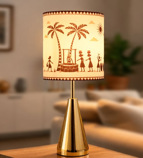 Luxe Round Gold Table Lamp with Indian Art Shade