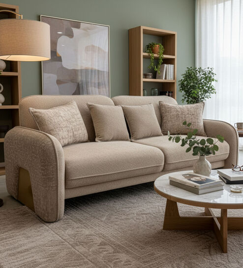 LuxeGold Chenille Fabric Three Seater Sofa in Beige Colour