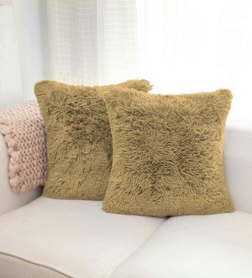 Antic Gold Shaggy Fur Polyester Cushion Covers 16x16 Inch Pack of 2