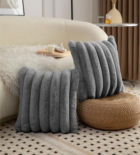 Grey Stripe Rabbit Fur Cushion Covers 16x16 Inch Pack of 2