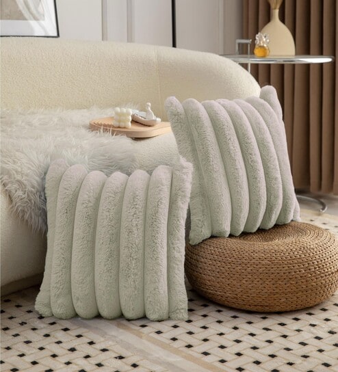 Taupe Stripe Rabbit Fur Cushion Covers 16x16 Inch Pack of 2
