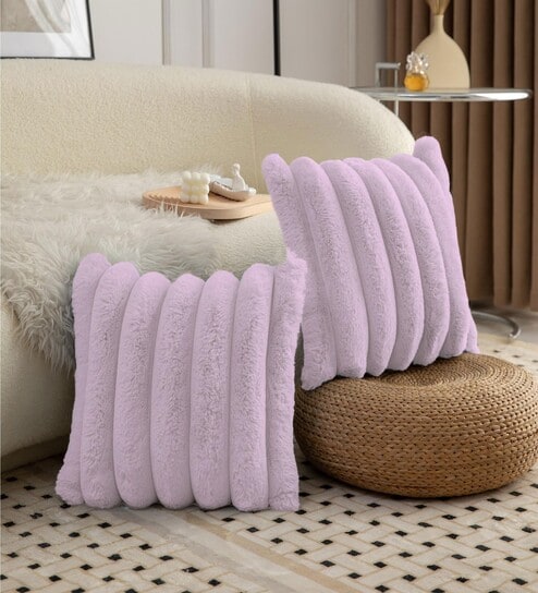 Mavye Stripe Rabbit Fur Cushion Covers 16x16 Inch Pack of 2
