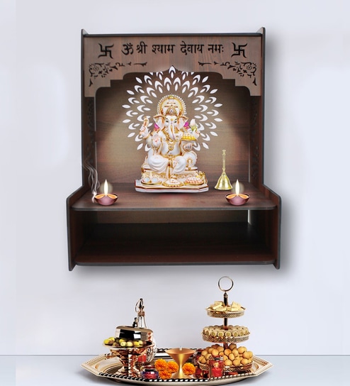 Luxurious Wood Temple for Home with Spacious Shelf & Inbuilt Focus Lights